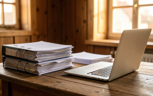 Papierstapel und Ordner neben einem aufgeklappten Laptop